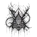 Chaotic blackwork tattoo with abstract gothic architecture, corrupted medieval ornament, fragmented text, dark fine line tattoo design idea