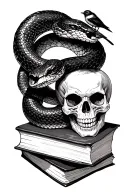 Dark Romance snake on a book and skull with a tiny bird tattoo design idea