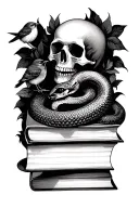Dark Romance snake on a book and skull with a tiny bird tattoo design idea