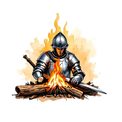 Tired knight in metal uniform and helmet resting by the wood fire tattoo design idea
