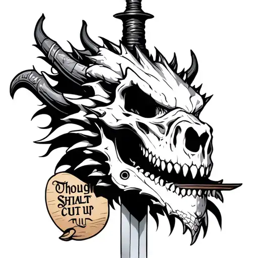 a dragon skull with a samurai sword in it and the words though shalt cut up on a scroll.  tattoo design idea