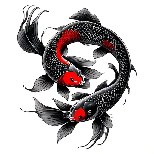 Create a back spine and lower back tattoo design outline in black and white with hints of red: 2 Koi fish representing y tattoo design idea