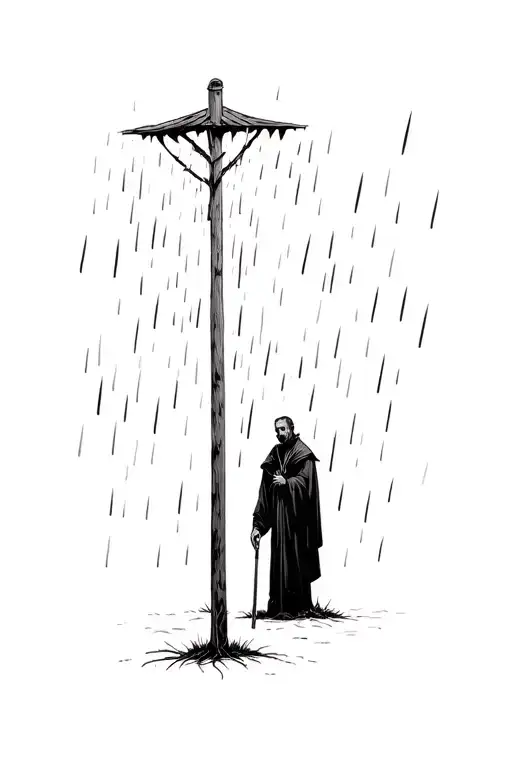 man in black priest attire impaled through the chest by a pole, standing in the rain, head back, arms limp. graveyard  tattoo design idea