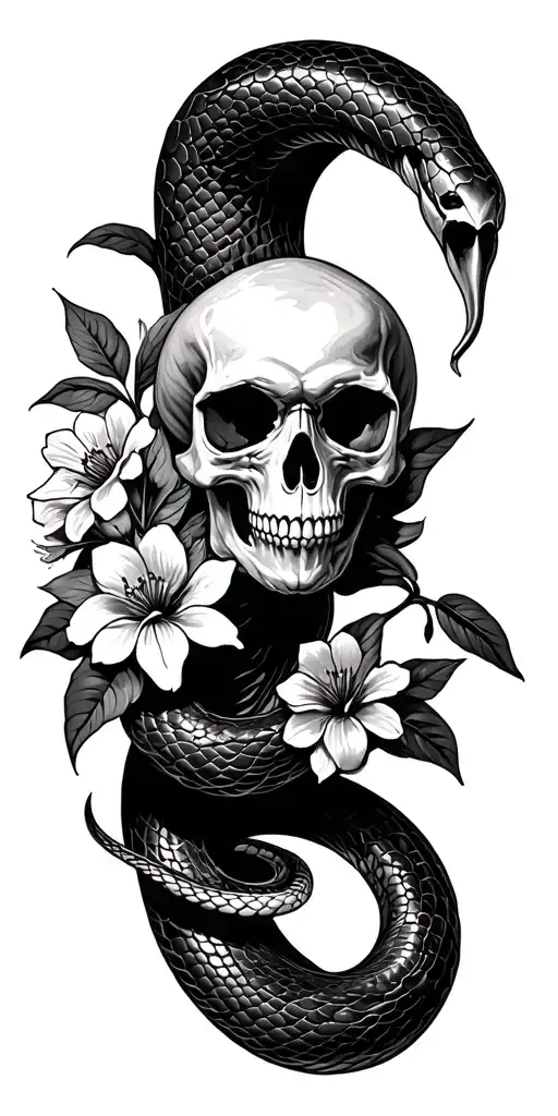 a snake with a skull and flowers symbolizing freedom tattoo design idea