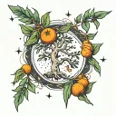 Yew Tree with clementines, background with constellations of Aquarius and Virgo  tattoo design idea