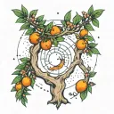 Yew Tree with clementines, background with constellations of Aquarius and Virgo  tattoo design idea