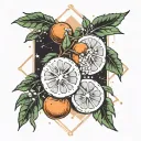 Yew Tree with clementines, background with constellations of Aquarius and Virgo  tattoo design idea