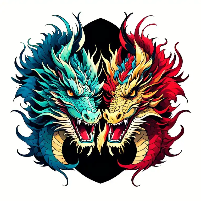 attoo description – “Twin Dragons of Duality” (heads facing out) tattoo design idea