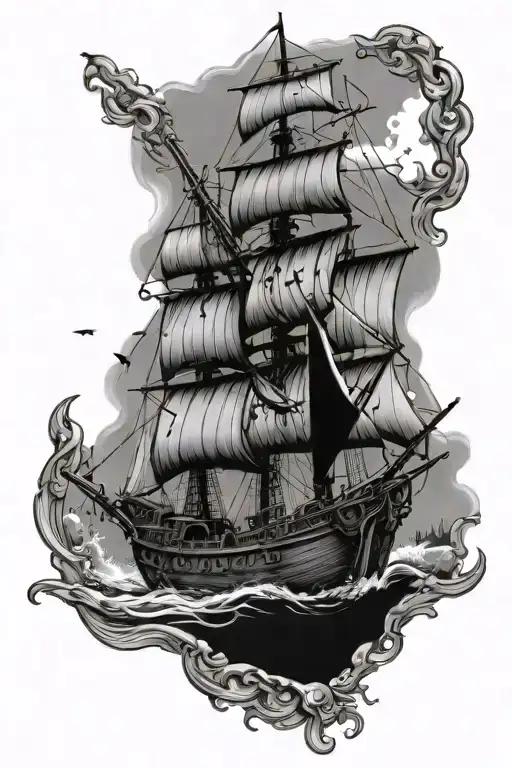 Broken beer bottle pouring water and sand to a  pirate ship with scuba divers around the water and sand tattoo design idea