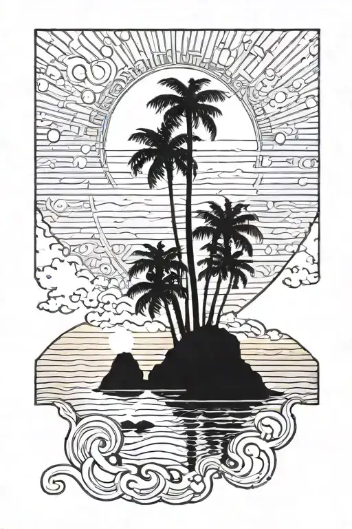 sunset with rocks and crossed palm trees background looking tattoo design idea
