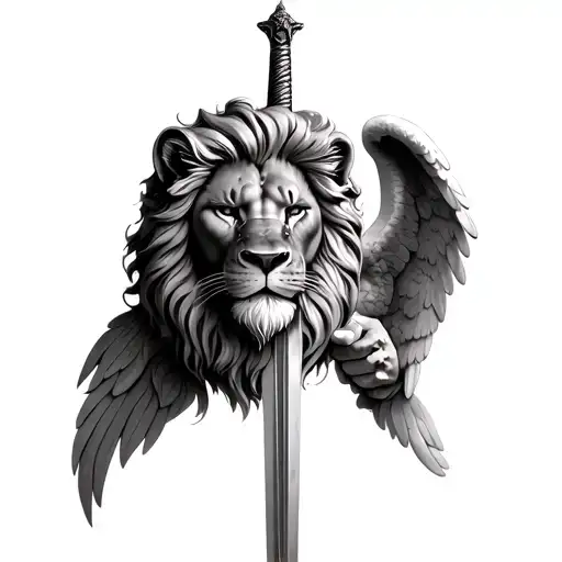 lion head and a angel holding a sword tattoo design idea