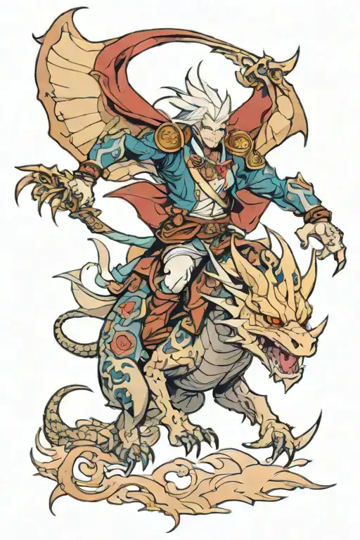 Anime character riding a fantasy creature into battle tattoo design idea