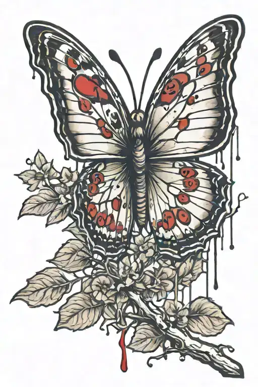 side view of a butterfly on a tree branch with blood dripping off the leaf tattoo design idea