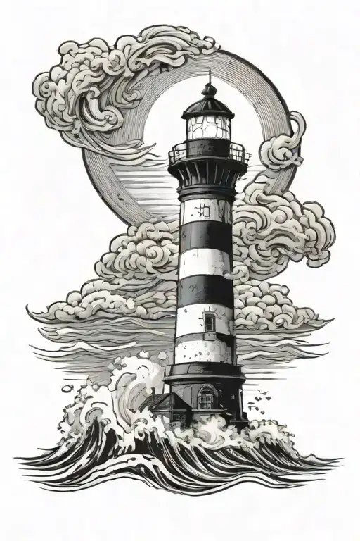 lighthouse that is round framed at the bottom with waves washing around. the ligthouse top has light rays going off it tattoo design idea
