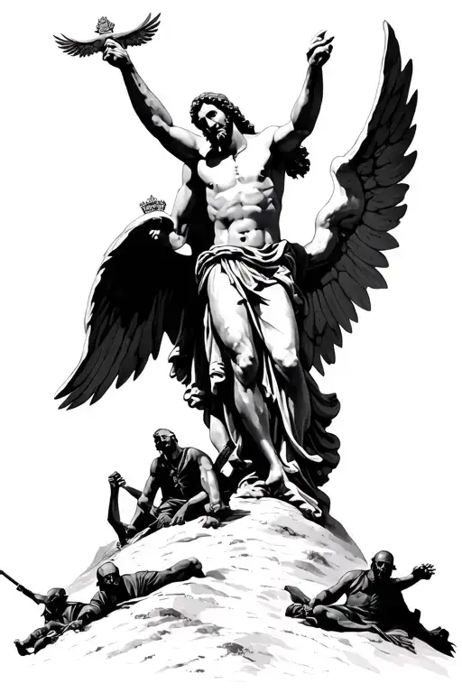 Saint Micheal bowing down to Jesus on top of a hill at the bottom of the hill laid with dead soldiers of satan  tattoo design idea