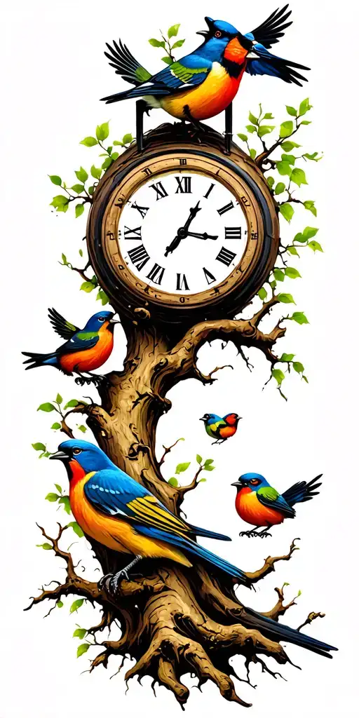 tree and clock and 2 adult birds and 3 baby birds tattoo design idea