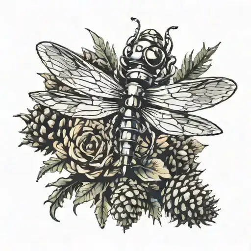 mechanical robot dragonfly landing on a pinecone, minimal tattoo design idea