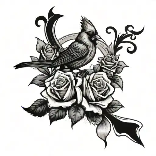 roses surrounding a Cardinal bird perched with cancer ribbon tattoo design idea