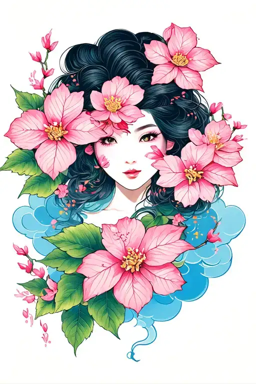 Cloud Japanese Leafs Cherry Blossom tattoo design idea
