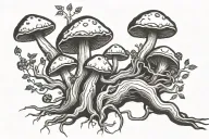 tree roots interconnected mushrooms blueberry roots  tattoo design idea