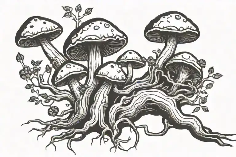 tree roots interconnected mushrooms blueberry roots  tattoo design idea