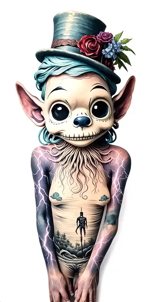 cute stiched whole body voodoo puppet with cylinder hat and lightining storm and vegvisir and nature tattoo design idea