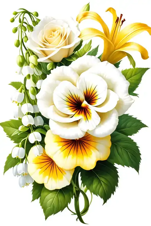 white rose, pansy, buttercup and lily of the valley  tattoo design idea