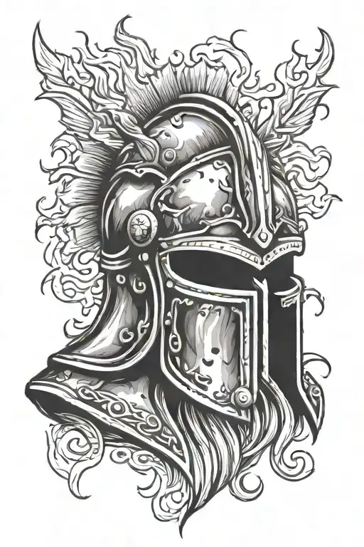 Worn medieval Gladiator helmet engulfed in flames coming tattoo design idea