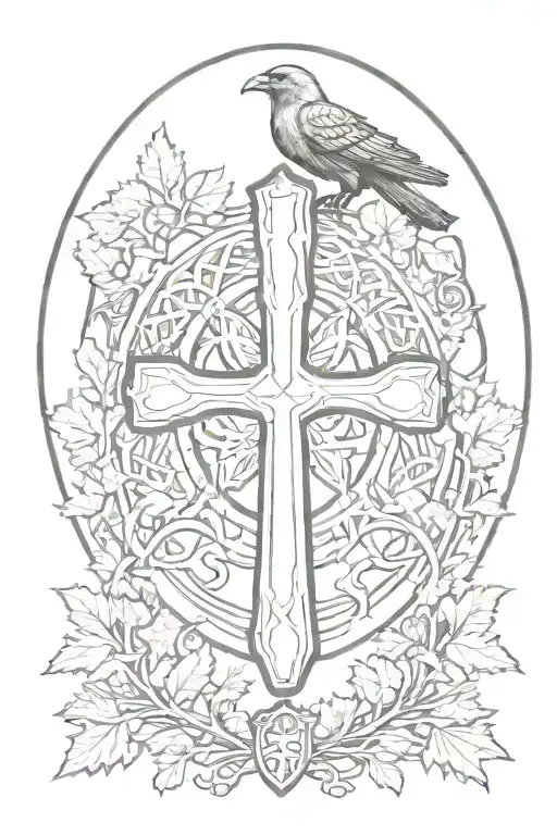 Rooker Family Crest with a celtic cross in a circle as a shield surrounded by cedar trees with  6 Crows tattoo design idea