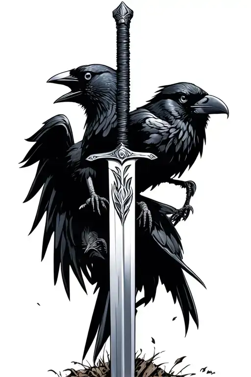 long sword stuck in ground crow perched on handle tattoo design idea