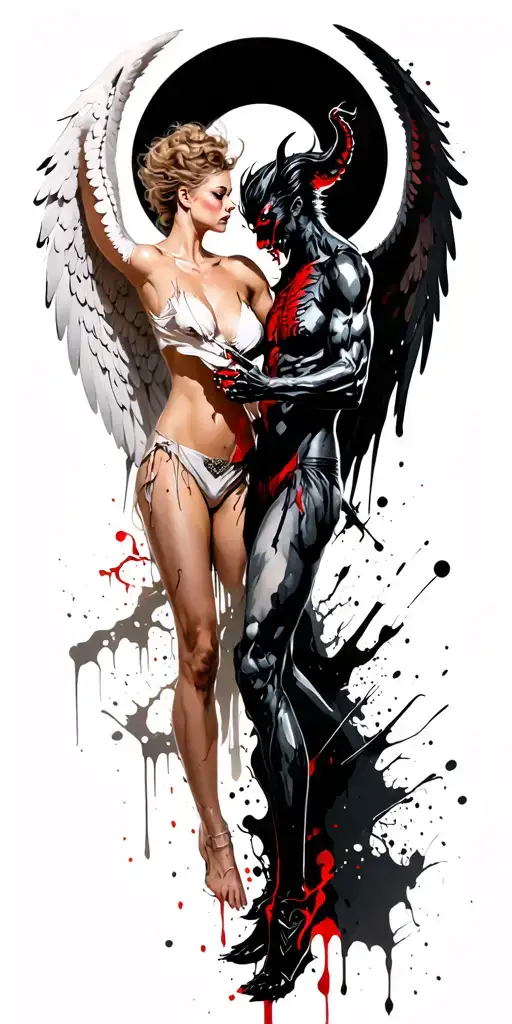 1 sexy angel in white vs. 1 sexy demon in black fighting tattoo design idea