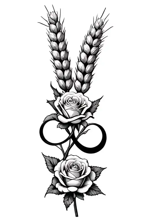 roses and wheat stalk intertwined infinity symbols tattoo design idea