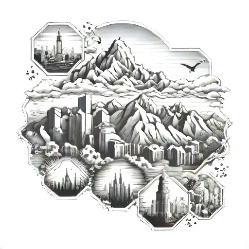 honeycomb structure including Mount Everest, Hawaii, Hollywood sign, New York skyline and Australia tattoo design idea