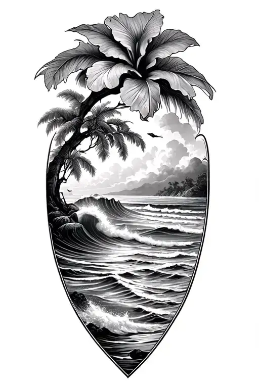 waves on a beach with a banyan tree and hibiscus flower tattoo design idea