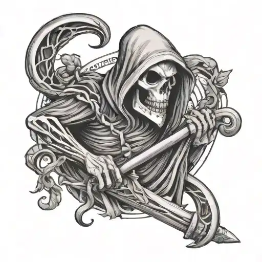 grim reaper holding scythe and apple with snake wrapped apple tattoo design idea