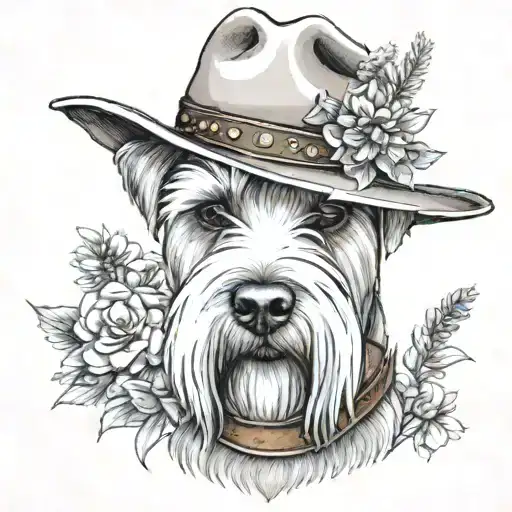 wheaten schnauzer with cowgirl hat and brown eyes and a collar with flowers looking to the side with western background tattoo design idea