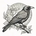 raven on an aspen tree branch with a stained glass design background tattoo design idea