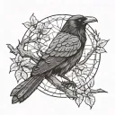 raven on an aspen tree branch with a stained glass design background tattoo design idea