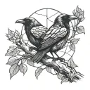 raven on an aspen tree branch with a stained glass design background tattoo design idea