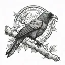 raven on an aspen tree branch with a stained glass design background tattoo design idea