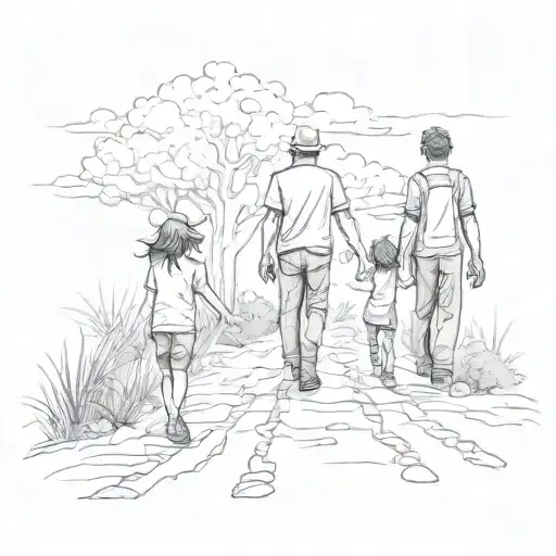 a man and two children on a dirt path tattoo design idea