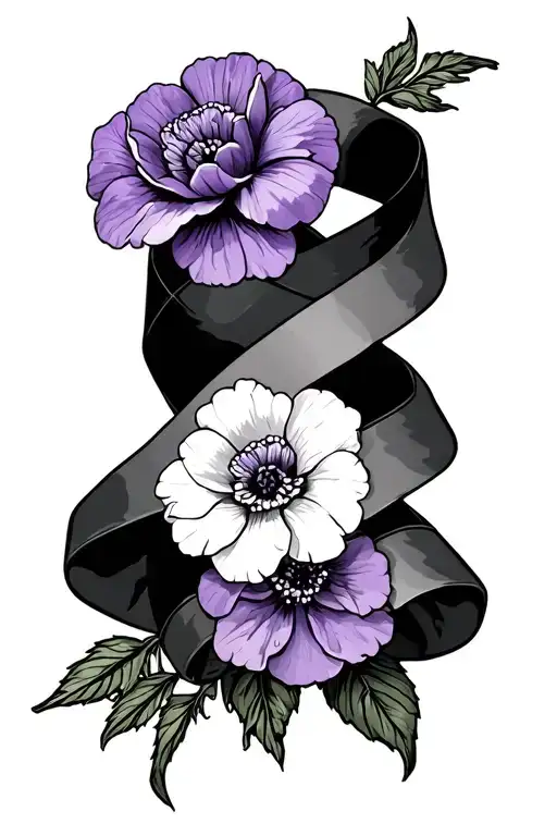 primrose and violet ribbon wrapped tattoo design idea