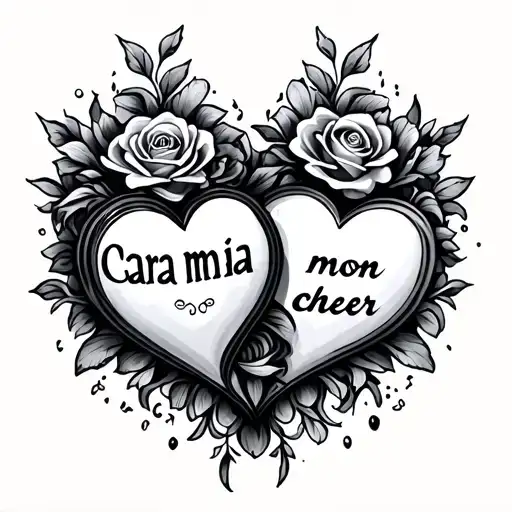 two hearts with the words cara mia in one and mon cher in the other  tattoo design idea