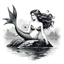 Vintage illustration of beautiful mermaid on a rock looking tattoo design idea
