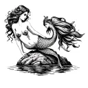 Vintage illustration of beautiful mermaid on a rock looking tattoo design idea