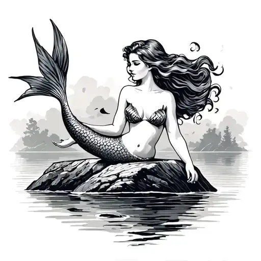 Vintage illustration of beautiful mermaid on a rock looking tattoo design idea