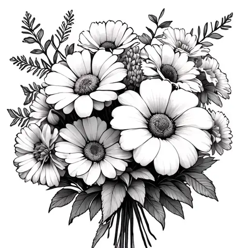 A bouquet of flowers using the daisies, morning glories, carnations and peonies in it in black and white  tattoo design idea