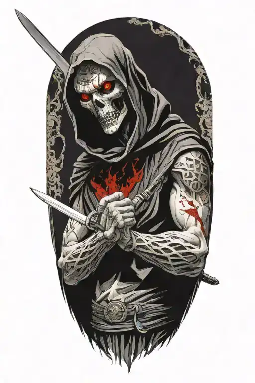 angel of death with a terrifying grin, in a black shabby cloak, with red eyes with a glare, in his hands a katana in blood tattoo design idea