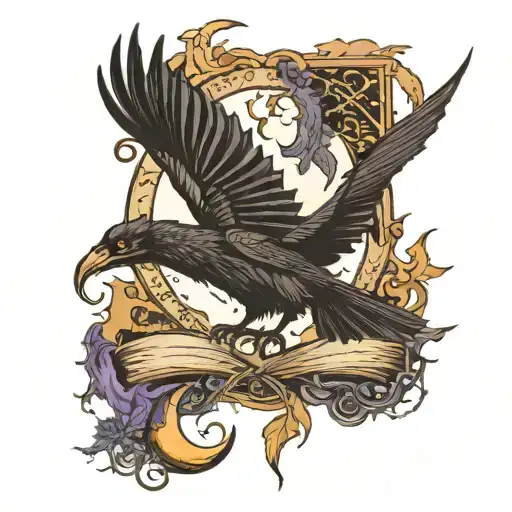 witches broom, crescent moon, dragon, runes, books, raven, bat tattoo design idea