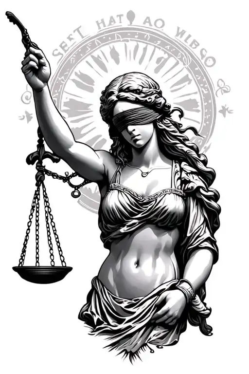 blindfolded Lady Justice holding a scale tattoo design idea